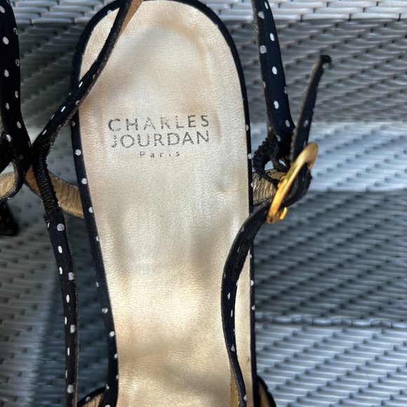 Charles Jourdan Polka Dot Platform Heel Peep Toe Sandals Black Size 10 - Picture 4 of 11
